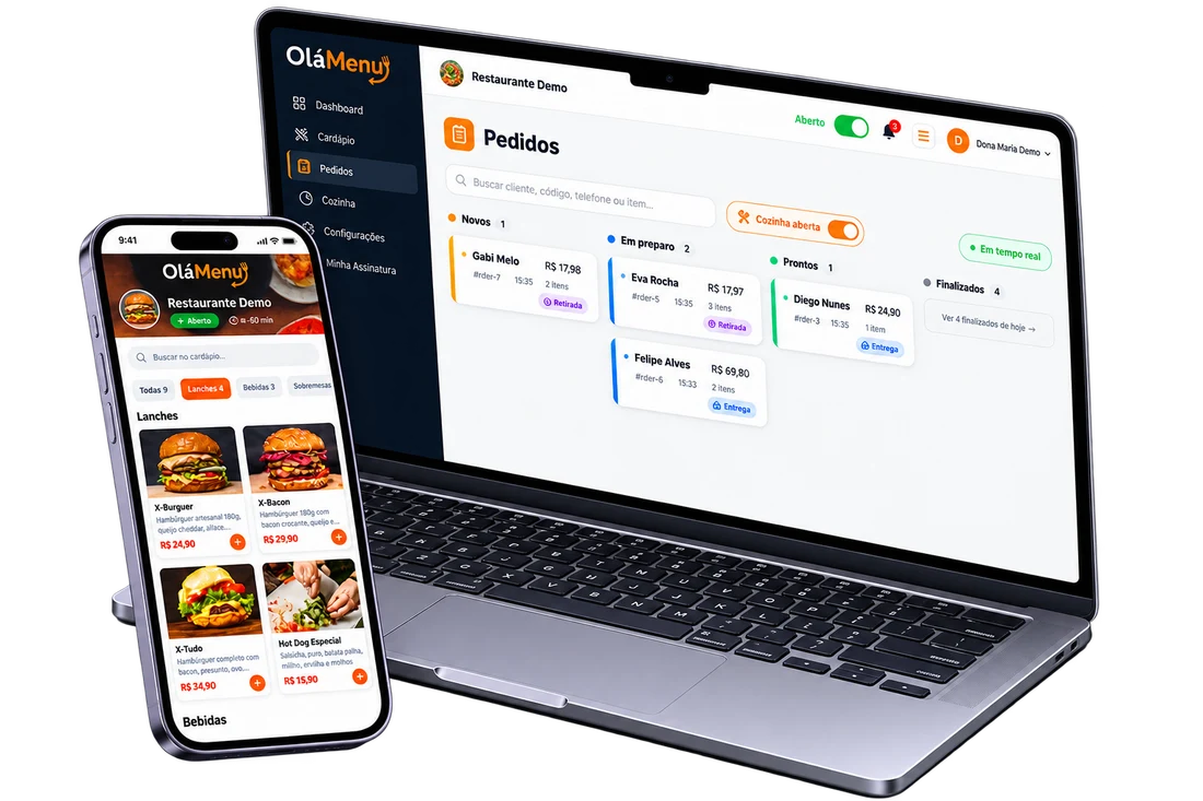 Painel de pedidos do OláMenu num notebook e o cardápio digital num celular